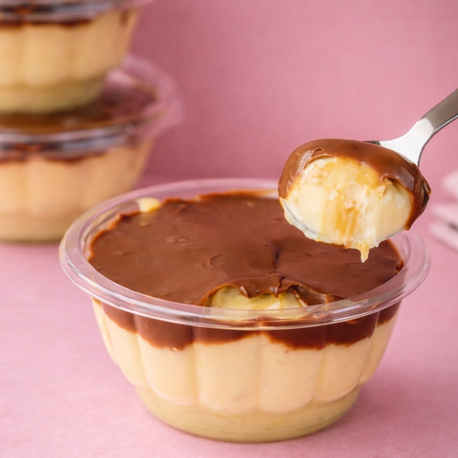 Mousse de maracujá da fruta, com cobertura de ganache de chocolate blend. Pote 250ml