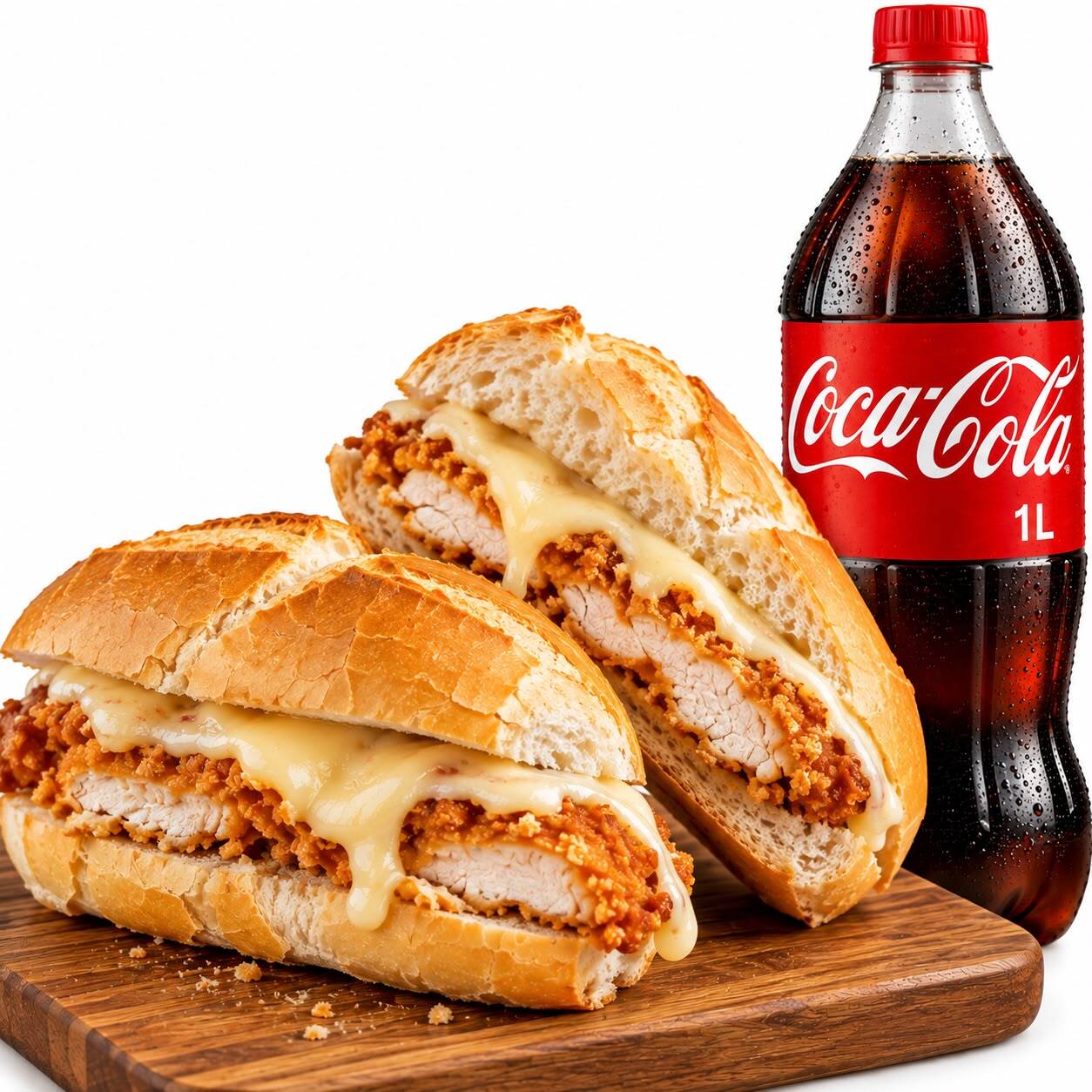 2 sanduiches (pão francês) + empanado de frango + mussarela + coca cola 1l sabor original