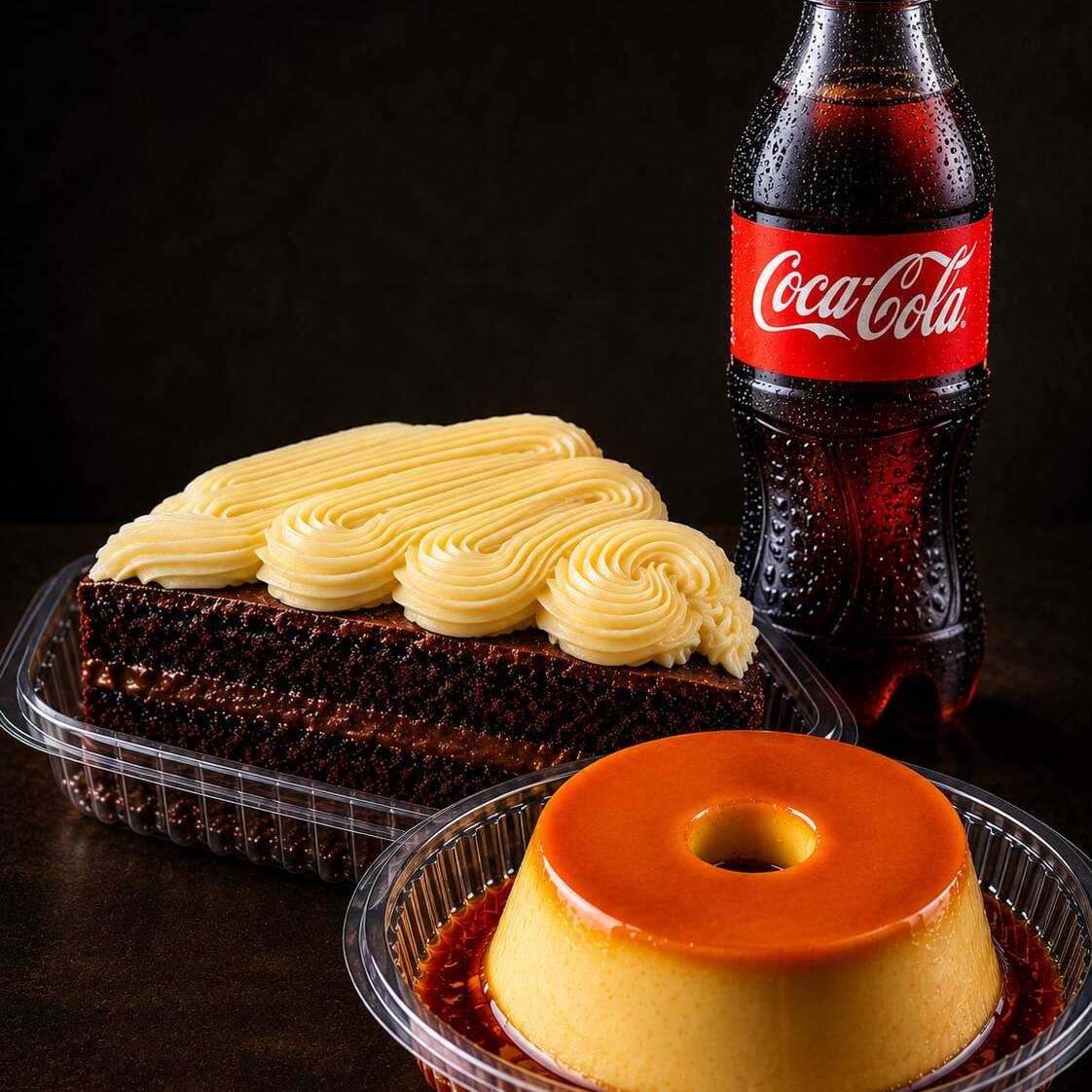 Uma delíciosa fatia de bolo, com um refrigerante bem gelado e um pudim cremoso!