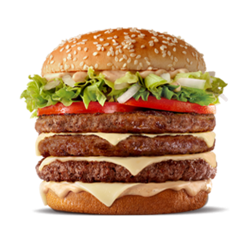 Composto por três hambúrgueres de carne 100% bovina, o icônico molho tasty, queijo processado sabor emental, tomate, alface, cebola, tudo isso no pão com gergelim.