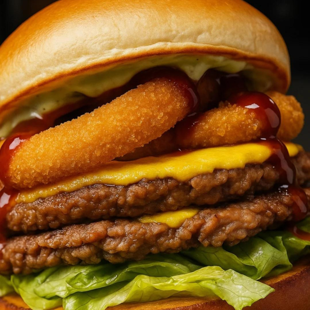 2x samash burger sabor carne feito com proteína de ervilha (não contém soja) + maionese artesanal + queijo cremoso de castanha tipo cheddar + molho especial + bacon bits veg + onion rings + molho barbecue no pãp tipo brioche selado na chapa!