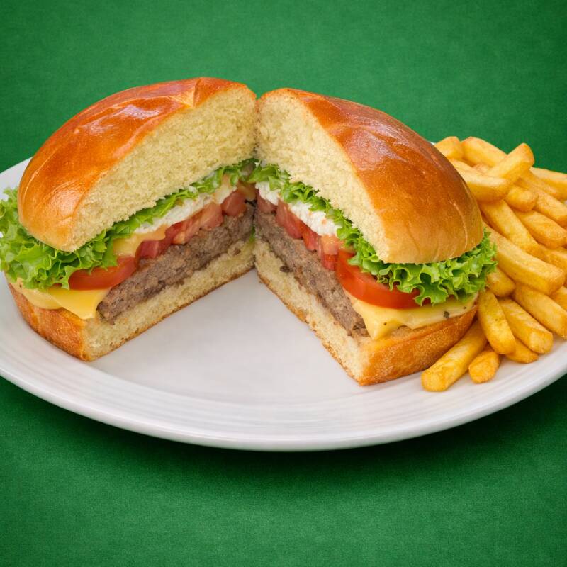 Pão, hambúrguer, queijo, ovo, maionese e batata