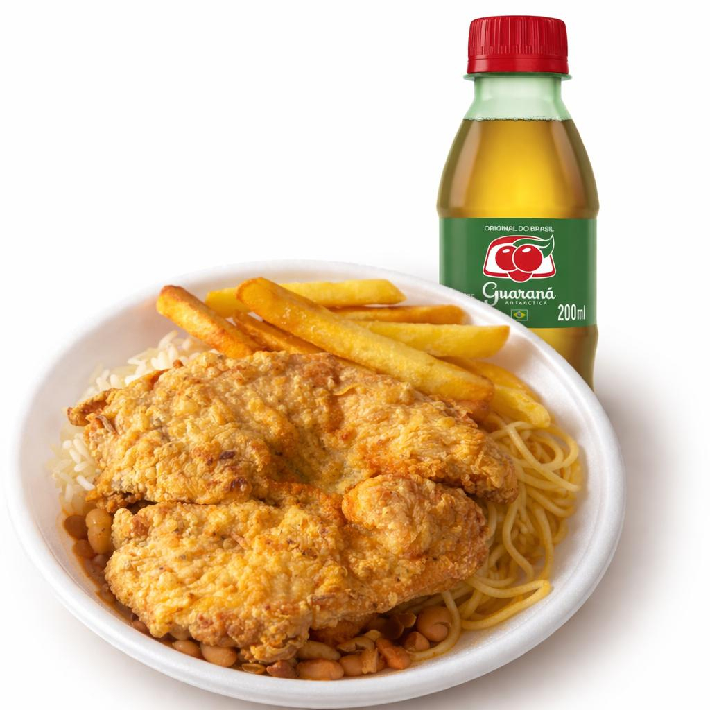 Acompanha Feijão Mulato, Arroz Branco, Macarrão Espaguete e Batata Frita, com o refrigerante refrescante Sprite Sabor limão 250ml.