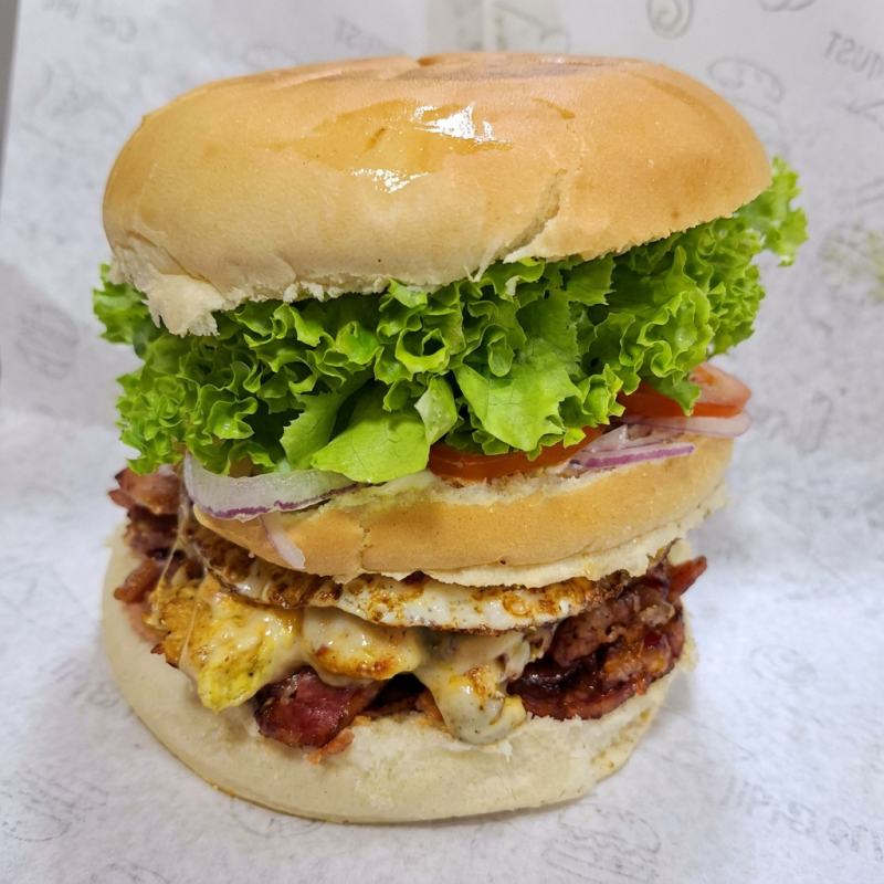 Pão de hamburguer, frango, queijo, presunto, ovo, bacon, calabresa, alface, tomate, cebola roxa e maionese.