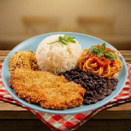 Uma deliciosa fusão de suculenta de carne empanada em panko ... Servido com arroz e fritas , formando assim nosso prato a Milanesa de Carne