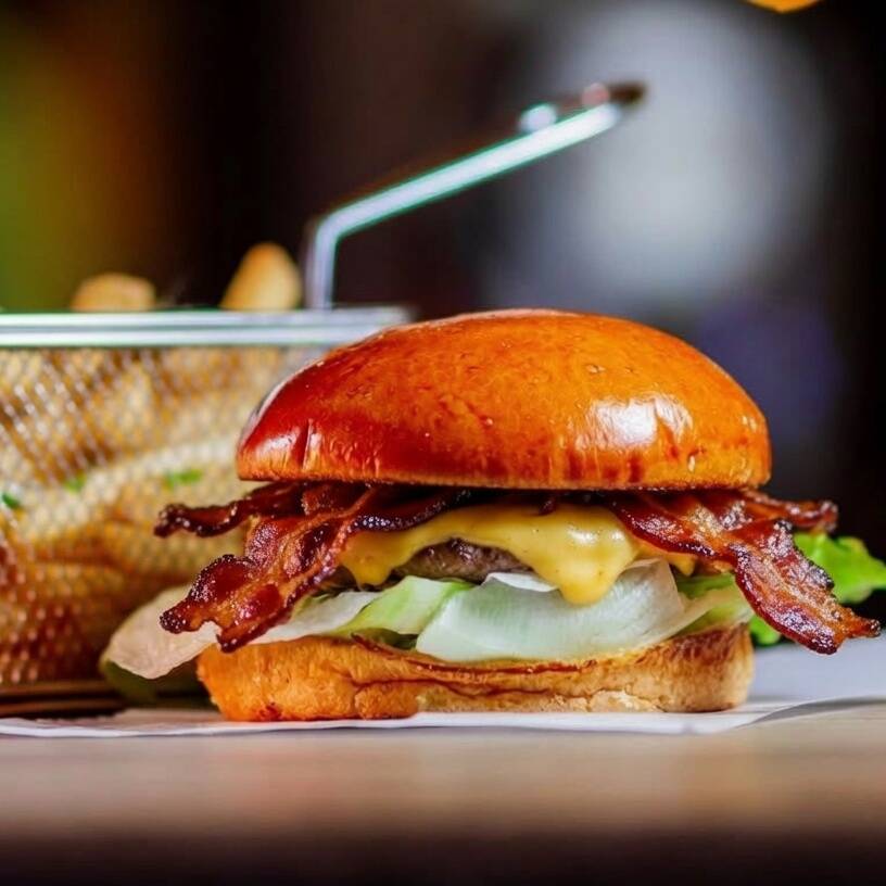 Burger artesanal de 160g no pão brioche com queijo prato, bacon fatiado crocante, alface americana e cebola.
Todos os nossos burgers e lanches acompanham batata frita.