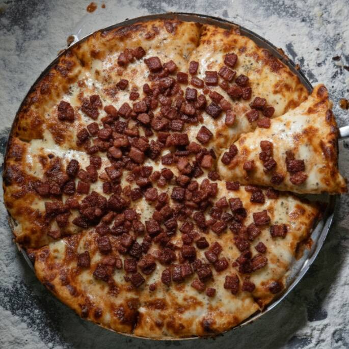 Mussarela, bacon, orégano e azeitona.