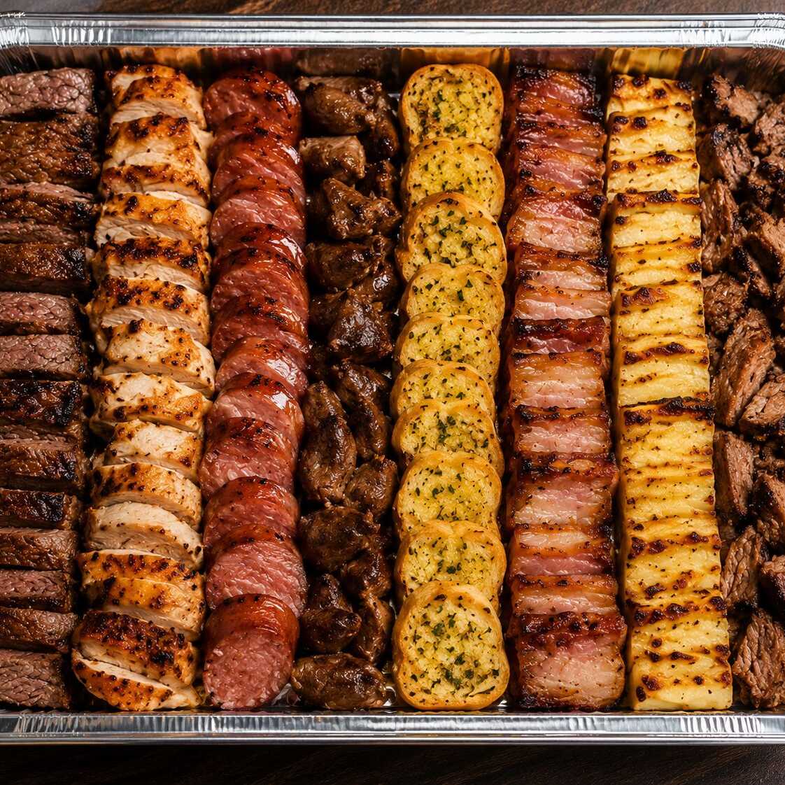 (8 ESPETOS )FRANGO-CARNE-LINGUIÇA-PAO DE ALHO-CORACAO-QUEIJO COALHO-KAFTA-TULIPA