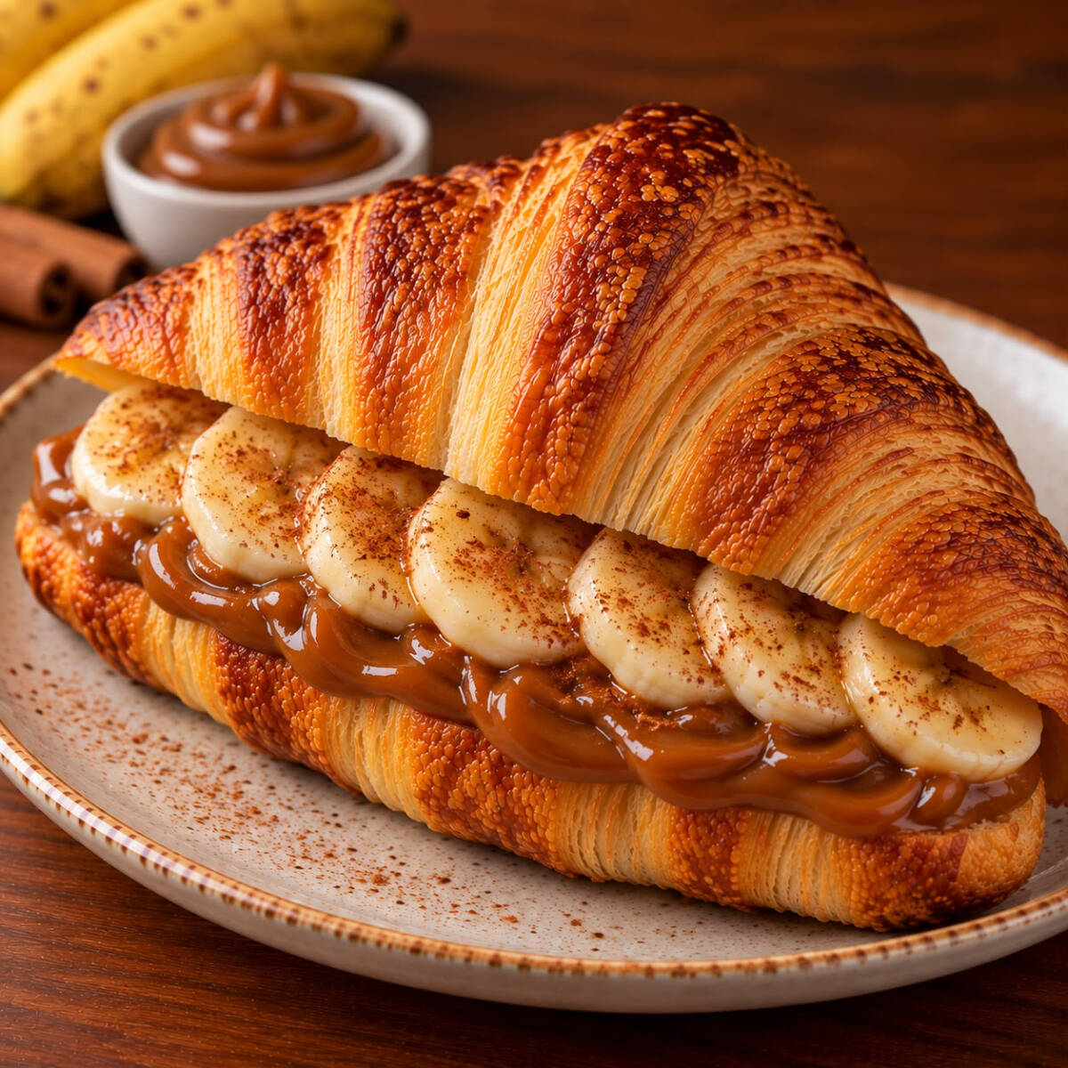 Croissant amanteigado recheado com banana caramelizada com canela e uma camada generosa de doce de leite