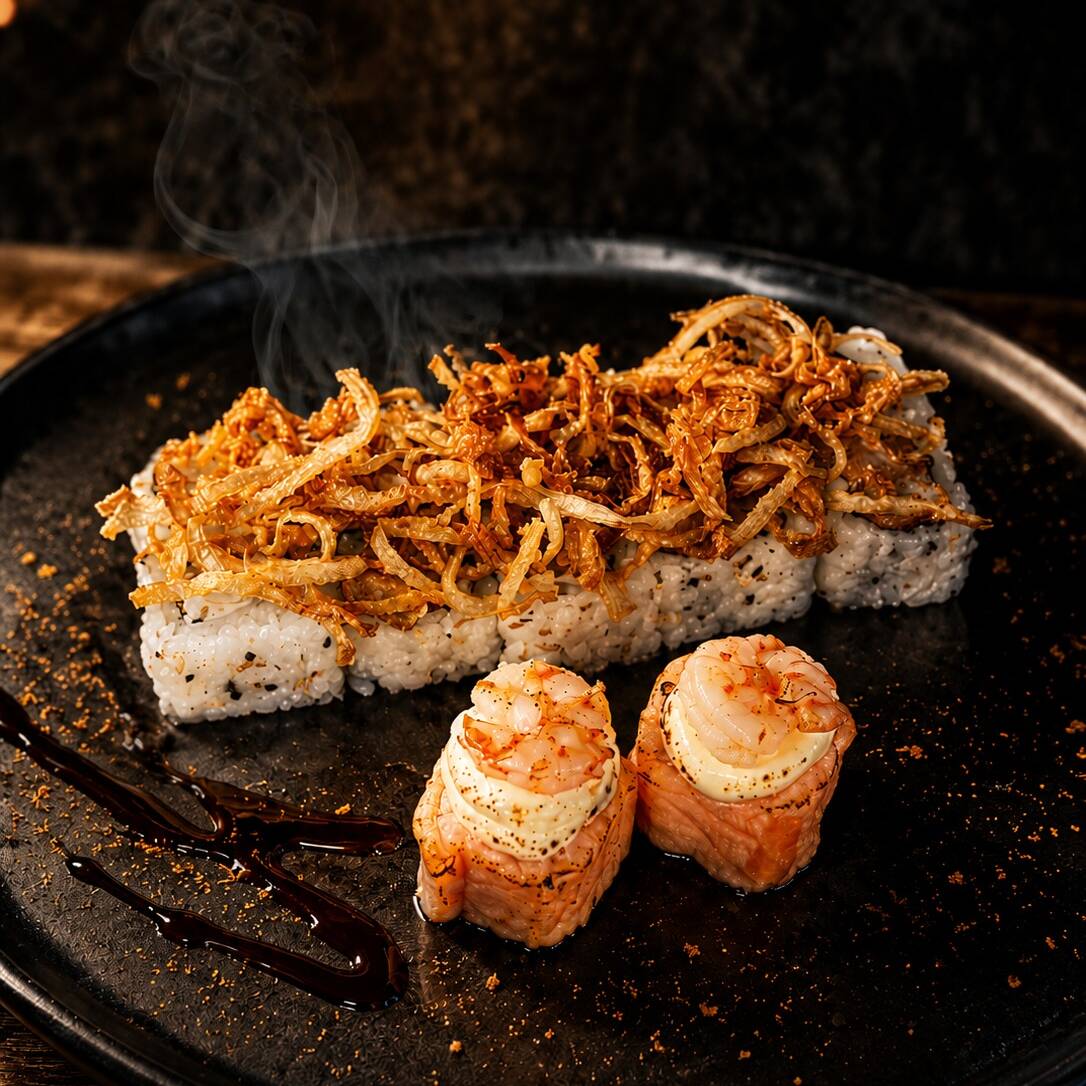 12 peças - 10x tempura holl c/ cebola crispy, 2x ebi Joe maçaricado.