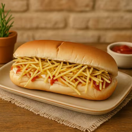 Pão sem lactose, Salsicha Goshen, Purê de Batata, Vinagrete, Catupop, Batata Palha, Ketchup, Maionese Vegana.