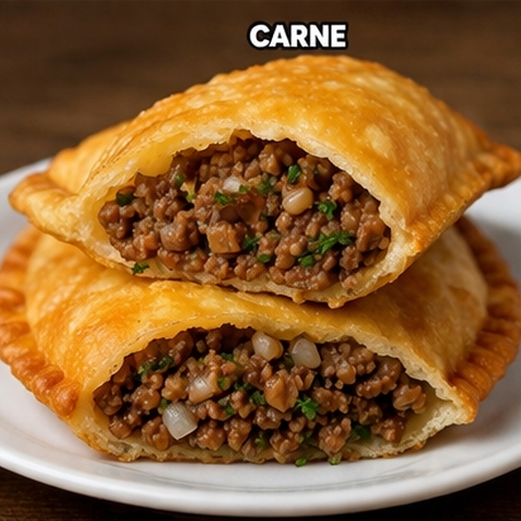 Pastel crocante e sequinho, recheado com carne moída bem temperada e suculenta.