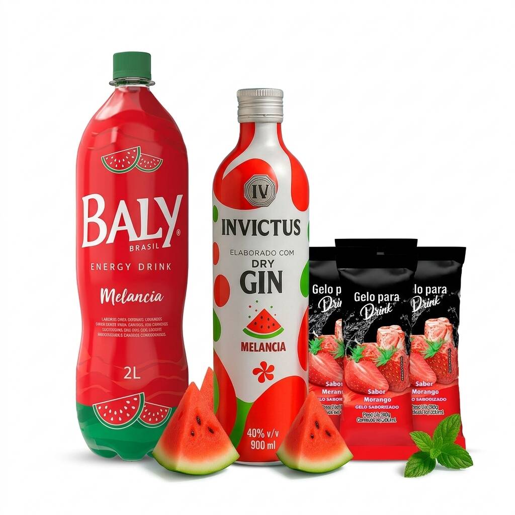 ACOMPANHA GIN SABOR MELANCIA 900ML + ENERGETICO BALY 2L SABOR MELANCIA E 5 GELOS DE SABOR MELÂNCIA