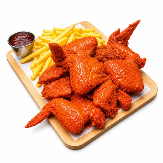 6 Alas Bañadas con Papas Fritas