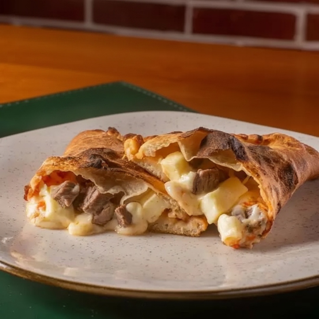 Calzone recheado com carne de sol e queijo mussarela.