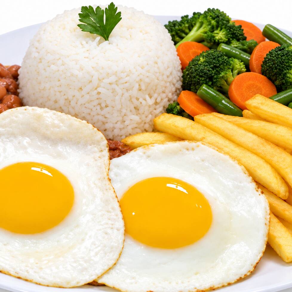 Acompanha: Feijão Branco, arroz Macarrão alho e óleo, Batata frita e Mix de legumes.
Salada opcional