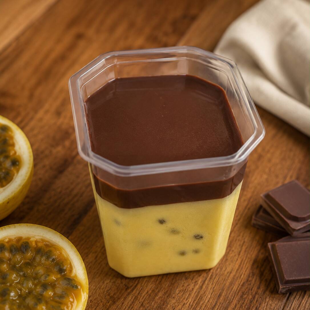 Deliciosa mousse de maracujá, cremosa e preparada com fruta de verdade, coberta com uma irresistível camada de ganache de chocolate meio amargo. A combinação perfeita entre o sabor tropical do maracujá e a intensidade do chocolate, proporcionando uma sobremesa equilibrada e inesquecível.