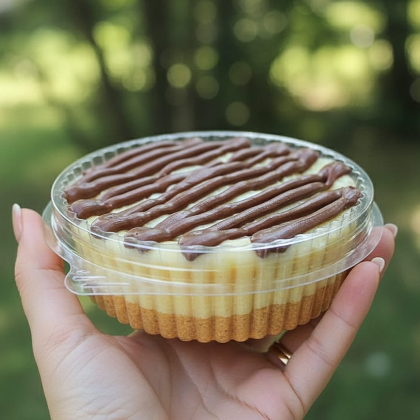 Tortinha com base de farofa de biscoito maisena triturada, creme de Ninho e riscos de Nutella. Aproximadamente 120g. Serve 1 pessoa.