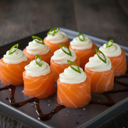 Bolinho de arroz temperado envolvida por uma fatia generosa de Salmão, coberto com Cream Cheese e Cebolinha