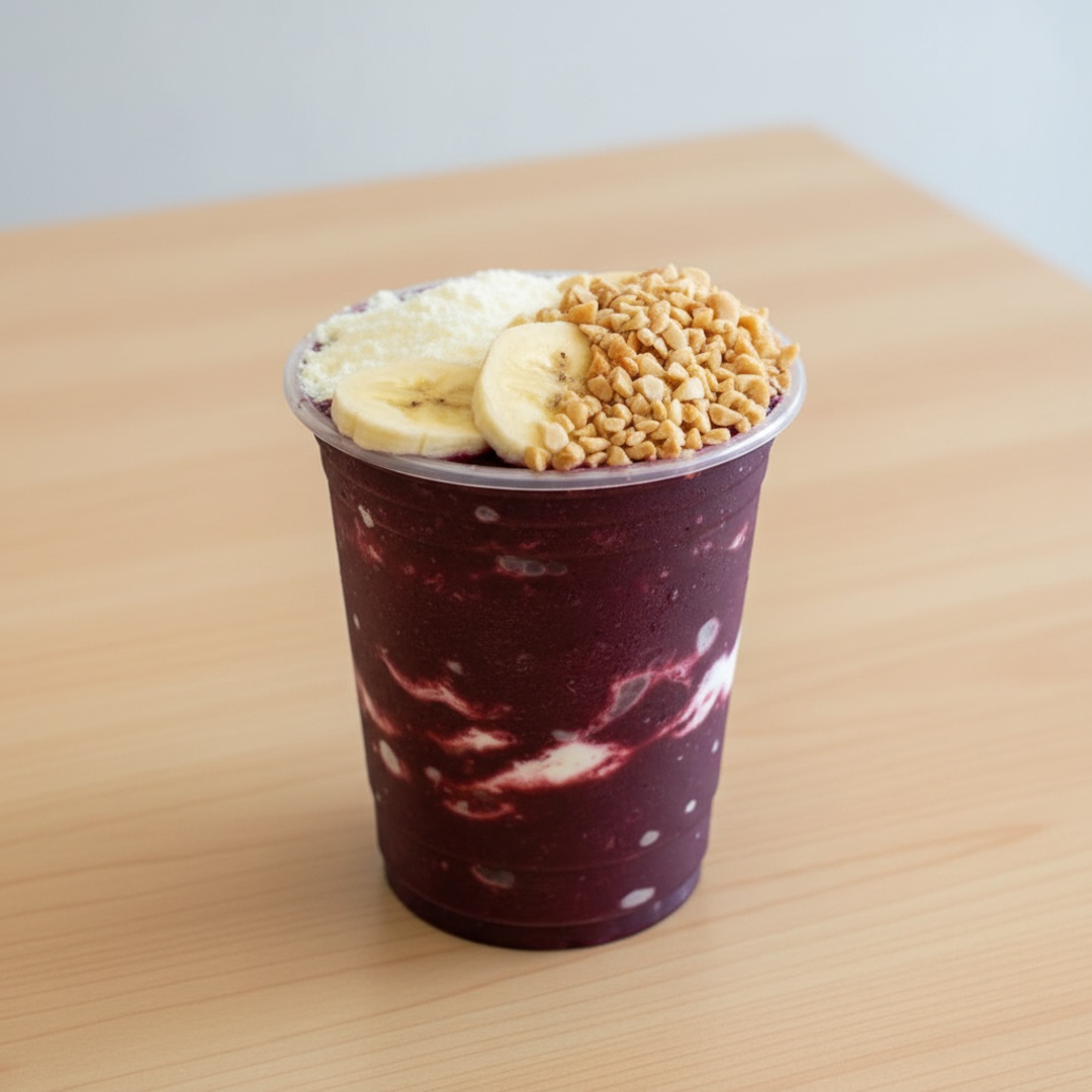 Esse é pra te fortalecer sem aditivos , sem conservantes o puro açaí artesanal batido com fruta, com a originalidade do Leite em Pó Integral, Amendoim, Aveia e Banana 30 gr da fruta.