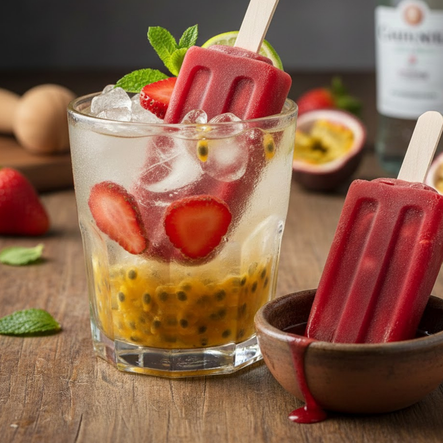Morango, maracuja e vodka. Acompanha paleta