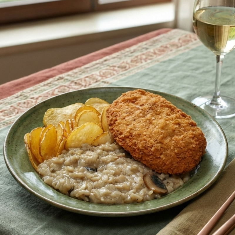 Proteína de ervilha sabor frango, empanado na crocante farinha panko e dourado à perfeição. Acompanha um cremoso arroz integral à Piamontese, preparado com um toque especial e finalizado com lascas de cogumelos grelhados. Para completar a experiência, chips de batata sequinhos e crocantes, trazendo leveza e textura a cada mordida. Uma combinação irresistível de sabor e sofisticação!