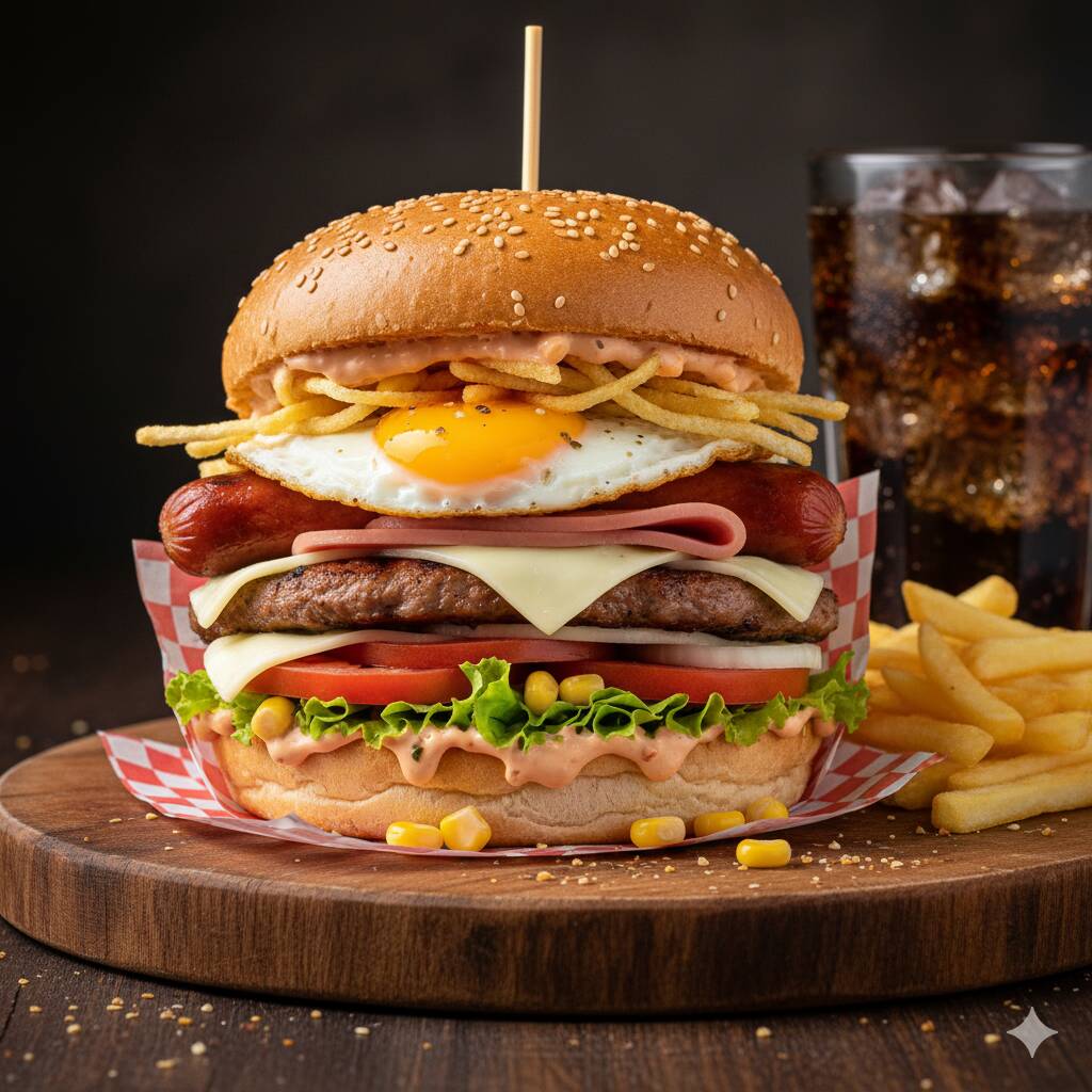 Pão, Lombo Suíno, Bacon, Presunto, Muçarela, Milho, Tomate, Alface, Batata Palha