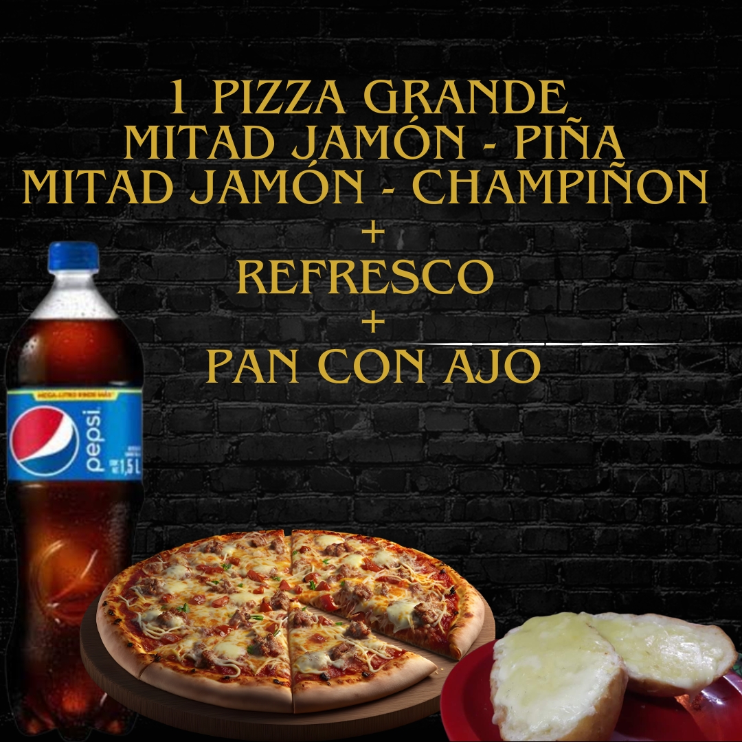 1 pizza grande Mitad jamón - piña mitad jamón