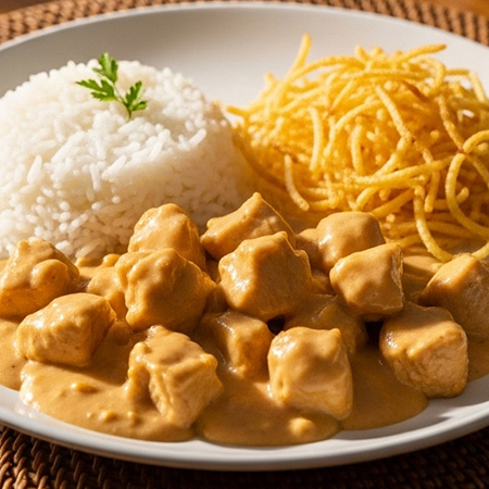 Nosso strogonoff de frango, cremoso e delicioso, servido com arroz branco soltinho e a sua escolha entre batata palha ou batatas fritas crocantes.