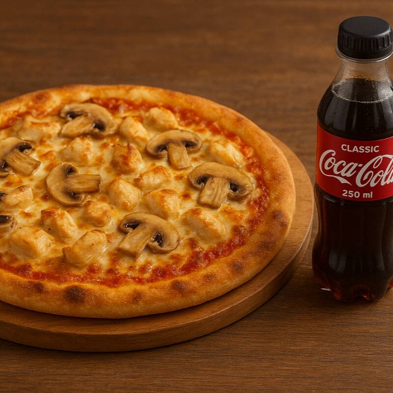 Pizza Individual Pollo Champiñones + Coca Cola 250