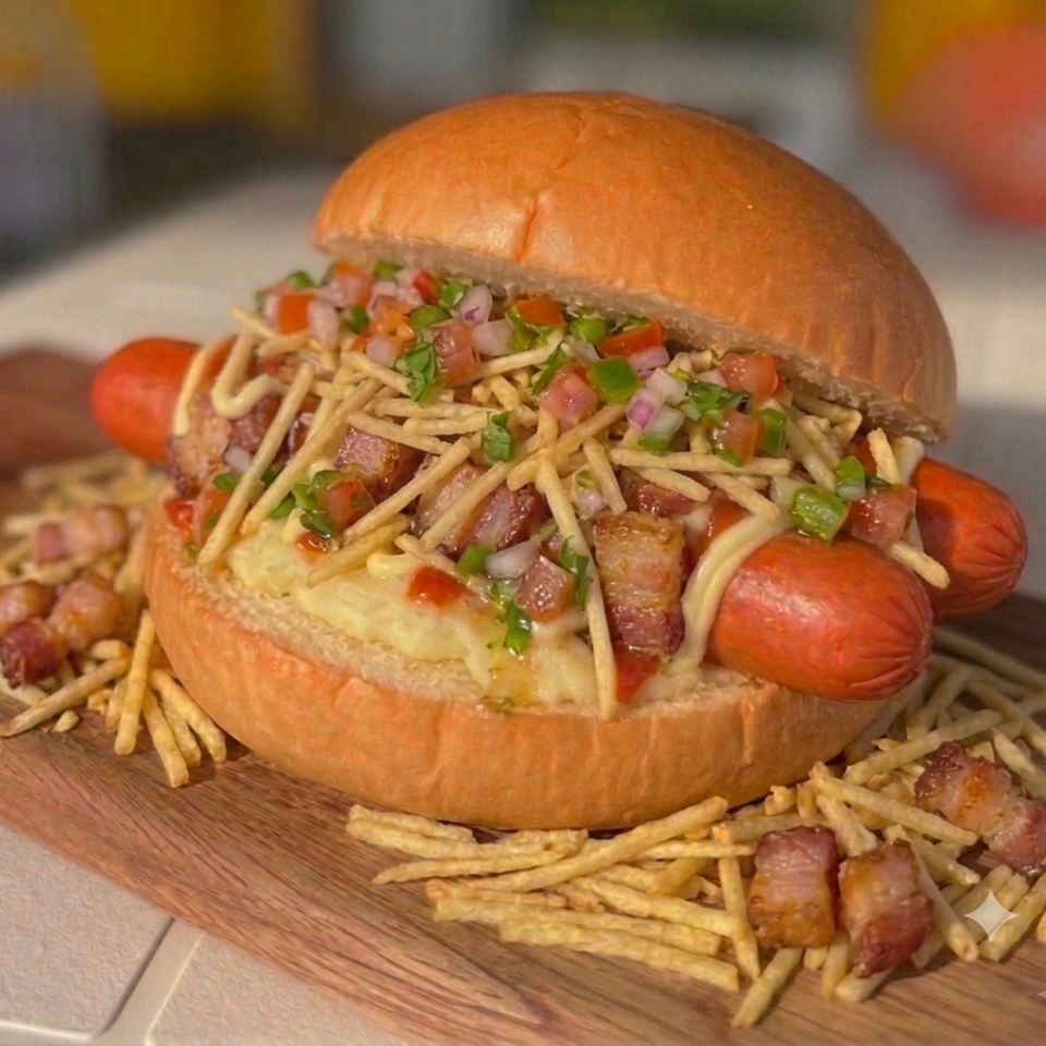 Pão, 2 salsichas, maionese PREMIUM, catchup, mostarda, vinagrete, bacon e batata palha.