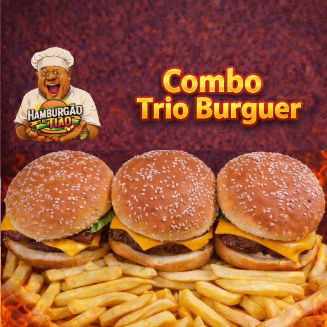 3 Hamburgueres, carne, queijo, ovo, salada, molho e batata frita