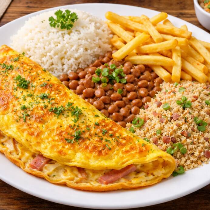 Arroz, feijão, batata frita, farofa,omelete de queijo e salada