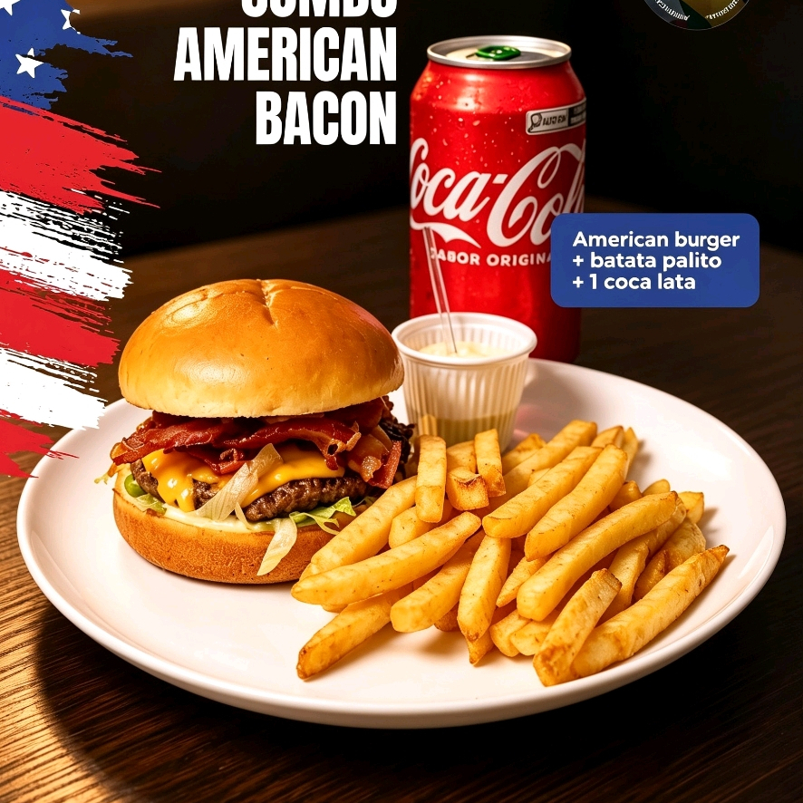 American bacon, porção de batata e coca cola lata.