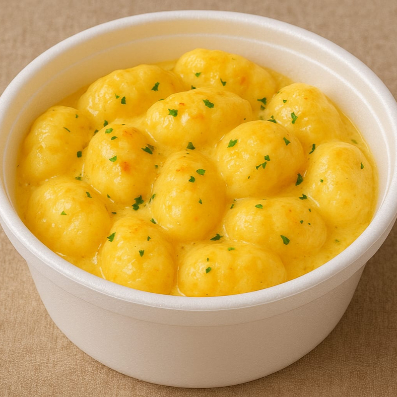 Nhoque 2 queijos mussarela e requeijão e molho bechamel fresco com toque de manjericão e um fio de azeite.