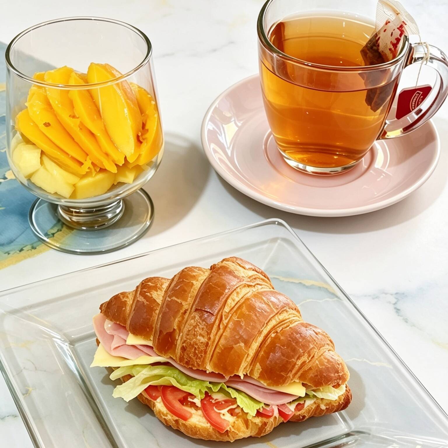 Desayuno, Croissant, Fruta y Bebida
