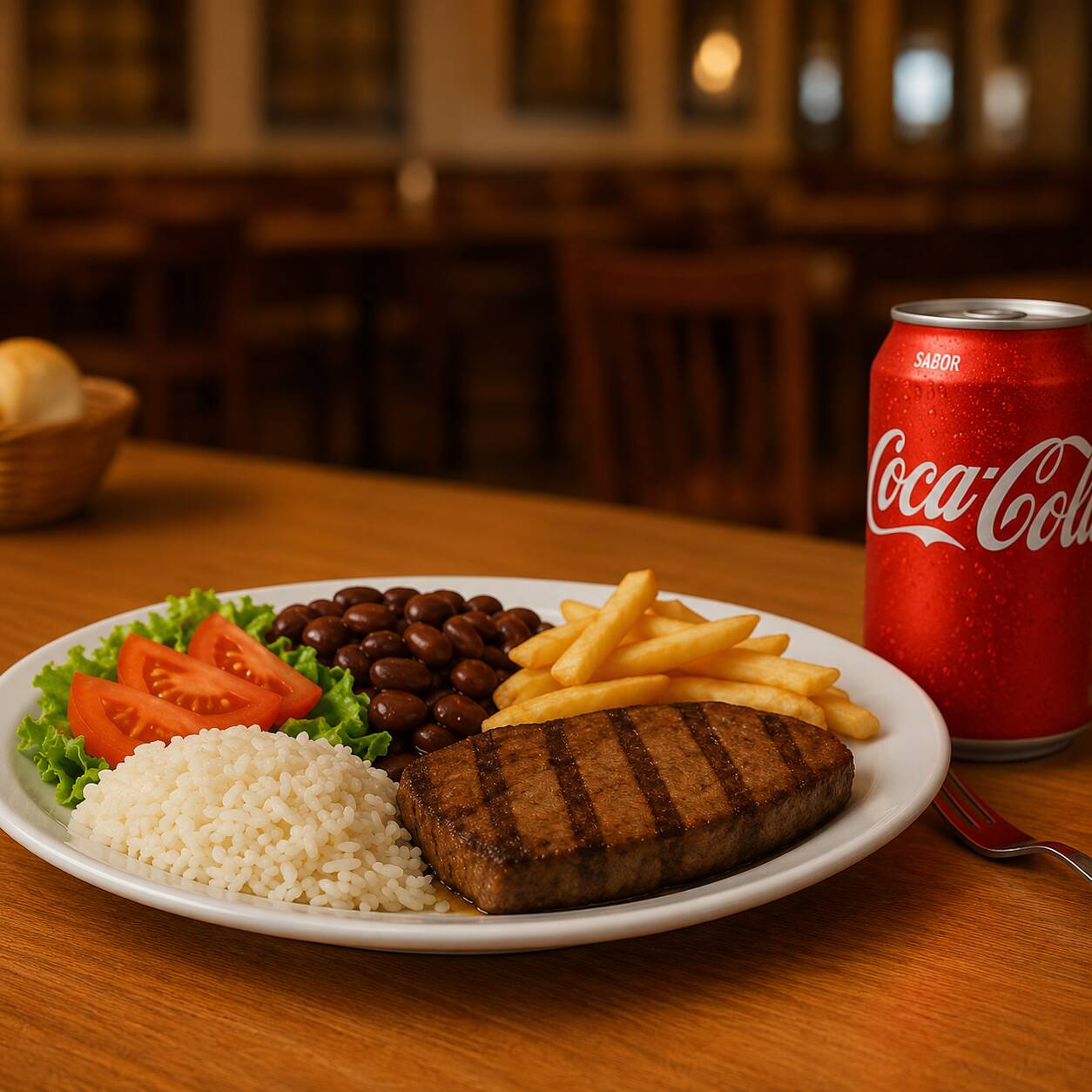 Nossa Deliciosa Marmita Acompanha, Bife de Alcatra Acebolada, Arroz Branco Soltinho, Feijão, Batata Frita, Saladinha + Coca-Cola lata (350ml). Tão clássico como coca cola
