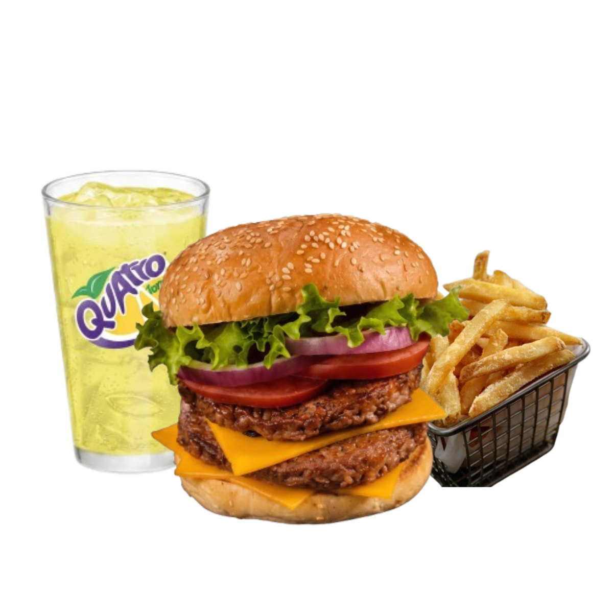 Hamburguesa doble + papas + Quatro