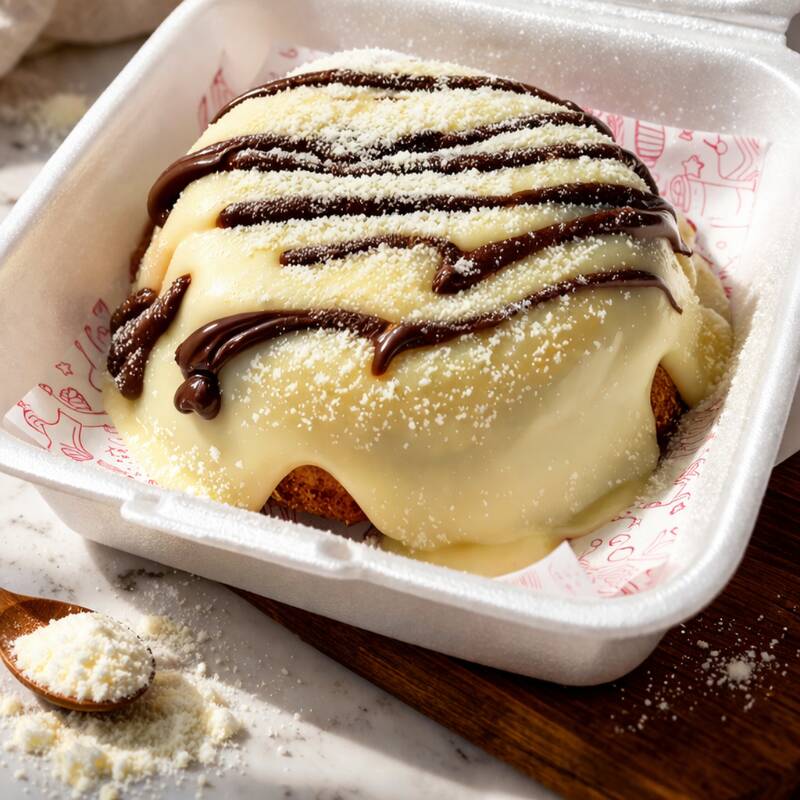 Mini bolo vulcão com massa branca com recheio de ninho, finalizado com nutella e leite em pó polvilhado. Peso aproximado: 220g. Serve 1 pessoa