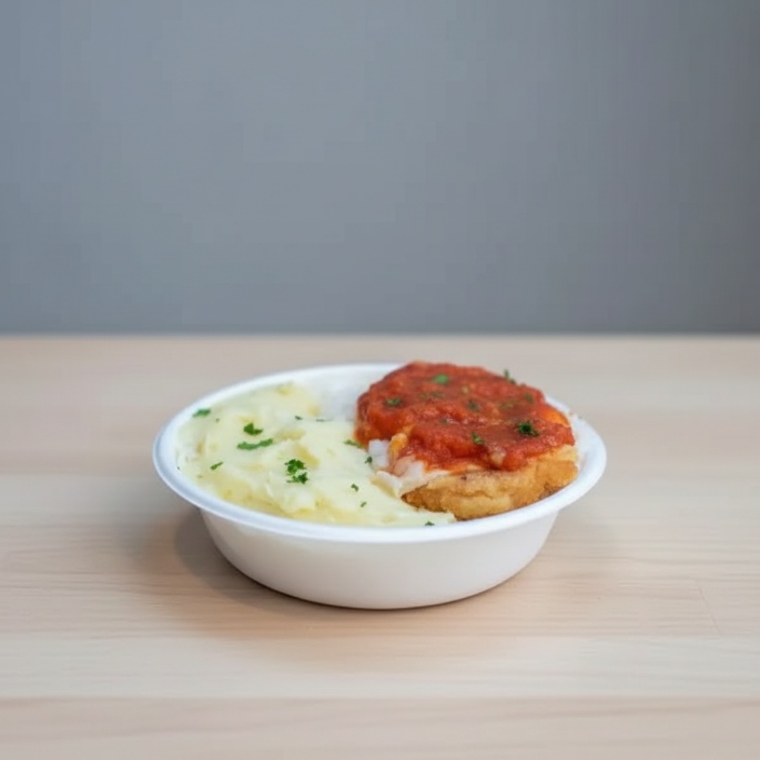 Frango Empanado, Molho, Mussarela, Arroz e Pure de Batata