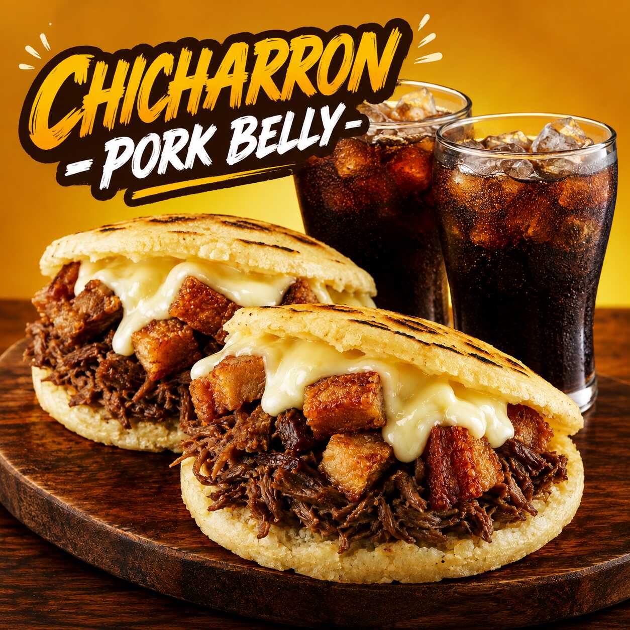 2 Arepas Chicharron, Carne de Res + 2 Gaseosas