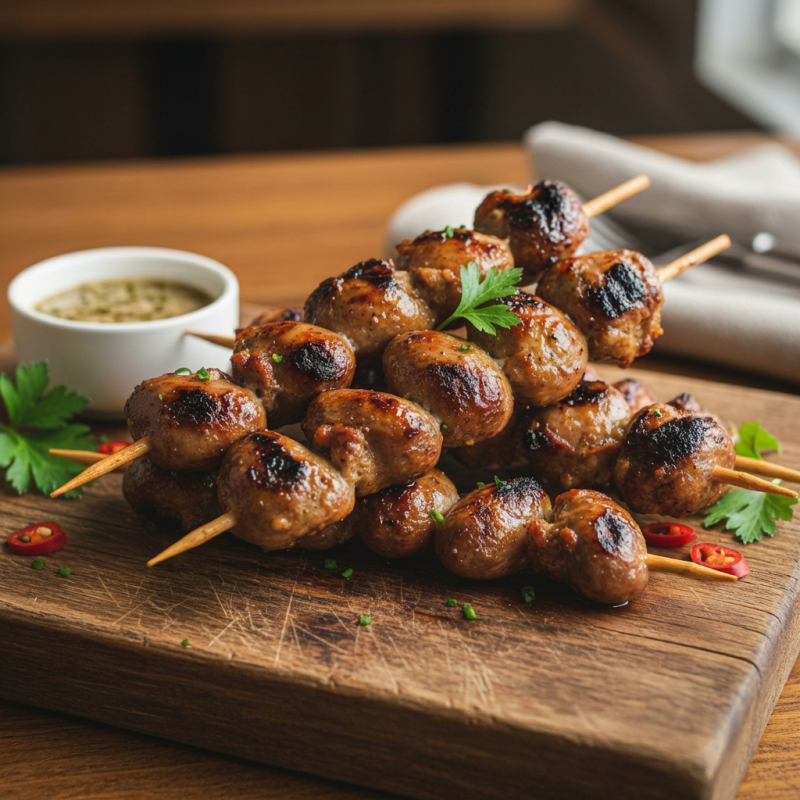 Corações de frango temperados e grelhados no espeto, perfeitos para um churrasco saboroso.