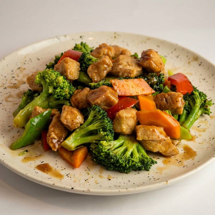 Pedaços de frango com brócolis, cenoura, pimentão e alho ao molho de soja