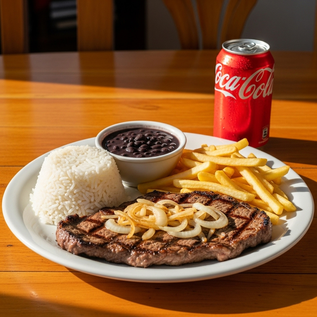 Saboroso bife de alcatra grelhado e coberto com cebola na chapa, servido com batatas fritas crocantes, arroz branco soltinho e nosso feijão com tempero de casa. Escolha uma bebida de sua preferência.