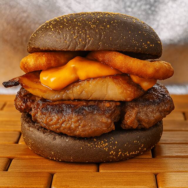 BURGER 150G, CHEDDAR DUPLO, FATIAS DE BACON E ONION RINGS NO PÃO AUSTRALIANO