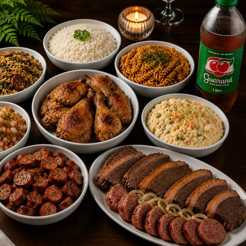 ARROZ, FEIJÃO, MACARRÃO, SALADA MAIONESE, VINAGRETE E VERDURAS + 10 PROTEINA DIVIDIDAS EM BOI, FRANGO, TOSCANA E SUINO + REFRI 1L