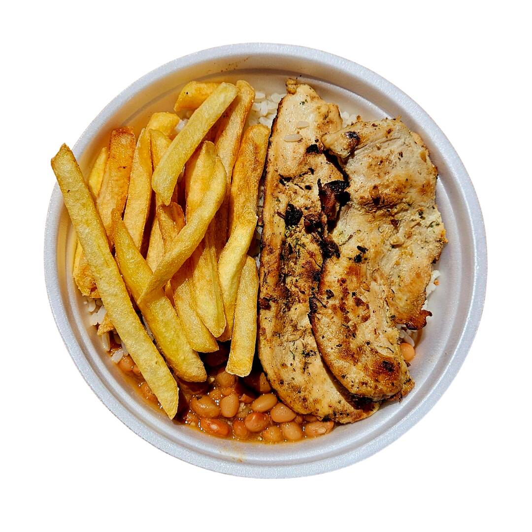 Acompanha arroz feijão ( 600g de comida, serve uma pessoa).