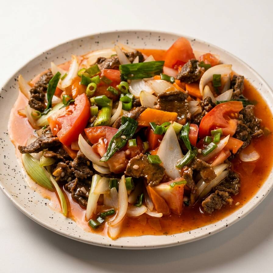 Carne em fatia com pedaços de tomate, cebola, cenoura e cebolinha em pedaços ao molho de tomate