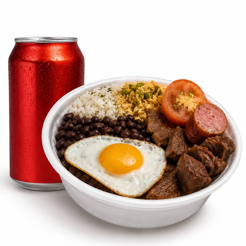 Uma deliciosa marmita acompanhada salada + 1 refrigerante lata 350ml + 1 sobremesa do dia