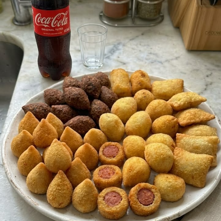 Perfeitos para compartilhar! São 70 salgadinhos variados, preparados com carinho e aquele sabor caseiro que todo mundo adora. Uma opção prática para festas, reuniões, lanches e momentos especiais. Preparados fresquinhos e bem recheados. Acompanhados com um refrigerante bem gelado.